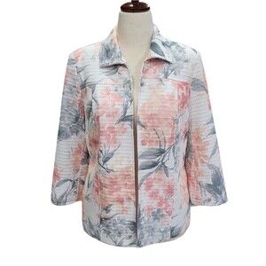 EUC Alfred Dunner Women's Jacket Peach Floral Open Padded 3/4 Sleeve 10